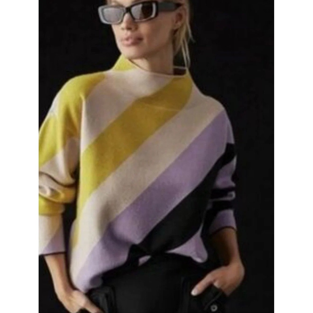 Anthropologie Maeve Mock Neck Diagonal Stripe Sweater Purple Yellow Black XS